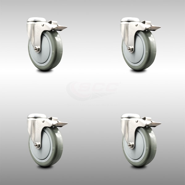 5 Inch 316SS Gray Polyurethane Swivel Bolt Hole Caster Set with Lock Brake SCC